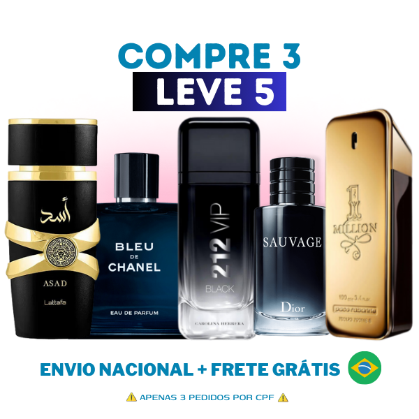 COMPRE 3 LEVE 5 Perfumes Importados (100ml) - 1 Million | 212 Black | Invictus | Assad | Bleu